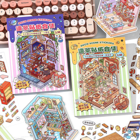 Książka naklejek Open Today Series Scene | Książka naklejek, Scena naklejek, Naklejki 3D Miniaturowe sceny, Naklejki DIY łagodzące stres, Naklejki ustawiające sceny