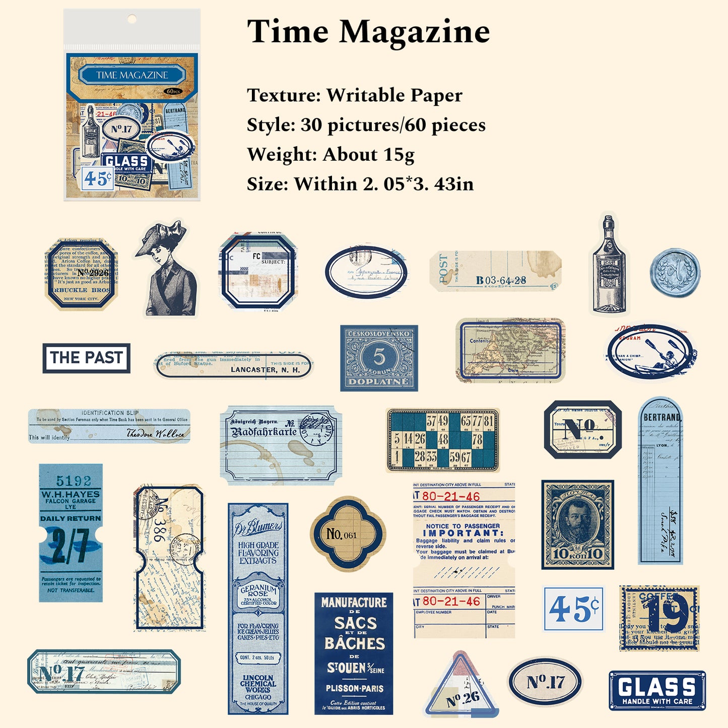 Dagelijkse Etiketserie Vintage Scrapbooking Stickers, 60 stukken, Junk Journal Stickers, Schrijfbare Papieren Stickers