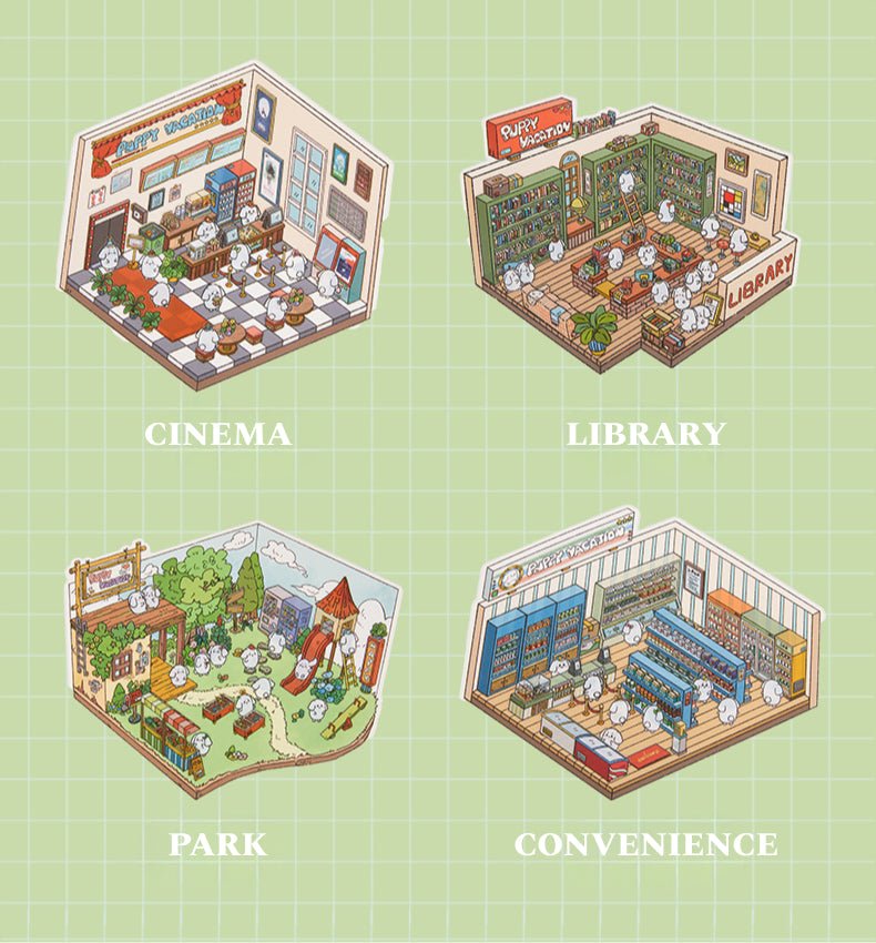 Puppy Vacation 3.0 Series | Stickers Book Collection | 10 - pcs | DIY Sticker Scene, 3D Miniature Scene Stickers, Stress - Relief DIY stickers, Scene - setting Stickers - YYBB ART