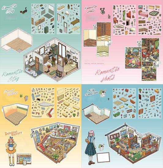 Romantyczny Kącik | Seria Scene Time 8.0, Naklejki Sceniczne, 3D Miniatury Naklejek Scenicznych, Naklejki DIY na Redukcję Stresu, Naklejki do Tworzenia Scen