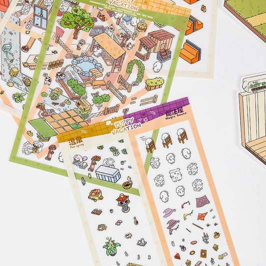 Seria Puppy Vacation 2.0 | Kolekcja 6-elementowa | Samo-montażowe naklejki sceniczne, 3D miniaturowe naklejki sceniczne, naklejki DIY do redukcji stresu, naklejki do tworzenia scen