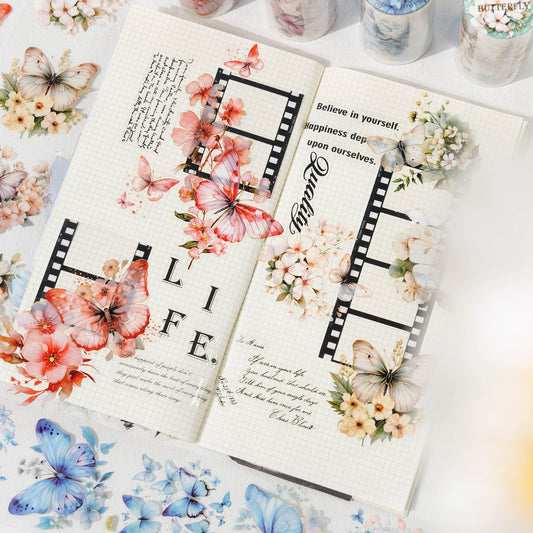 Butterflies Dance Among Flowers Series Journal Decor Tape, Vintage Scrapbook PET Stickers Tape, DIY Collage Tape - YYBB ART