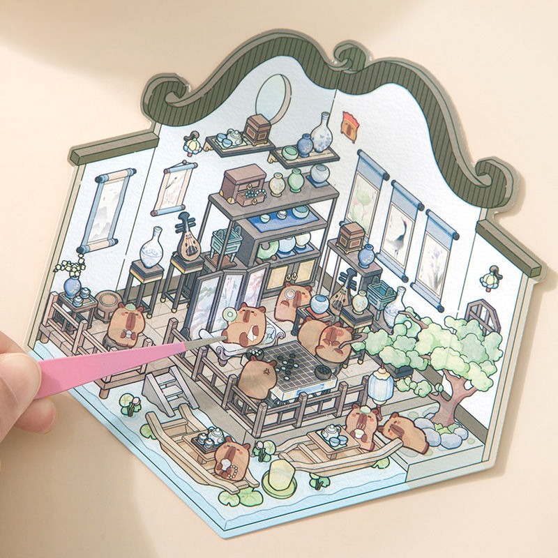 3D Miniature Scene Pre-cut Journal Stickers, DIY Scene-Setting Stickers, 3D Layered Chinese Style House Journal Stickers