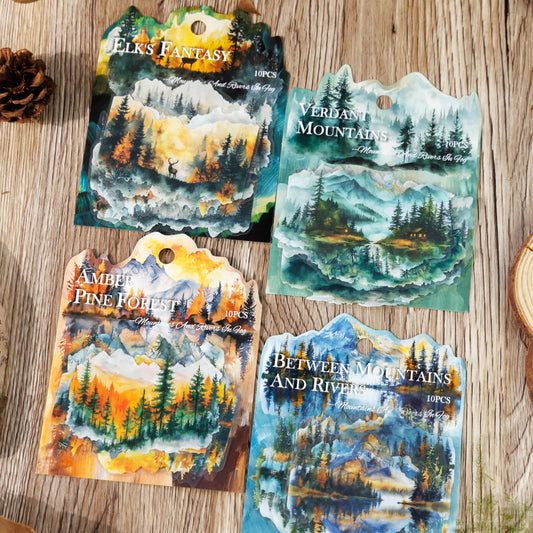 Mountains And Rivers in Fog Series Junk Journal Stickers, Scrapbook PET Sticker, Collage Plants Decor Stickers