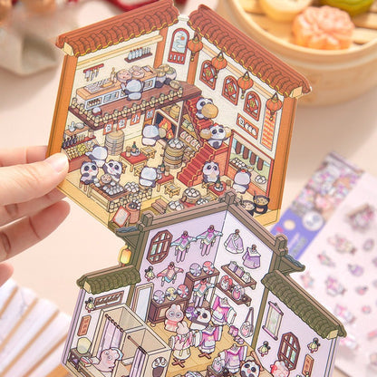 3D Miniature Scene Pre-cut Journal Stickers, DIY Scene-Setting Stickers, 3D Layered Chinese Style House Journal Stickers