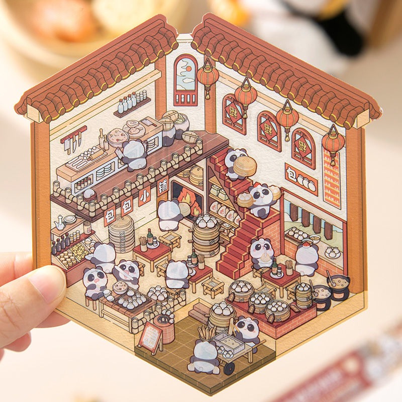 3D Miniature Scene Pre-cut Journal Stickers, DIY Scene-Setting Stickers, 3D Layered Chinese Style House Journal Stickers