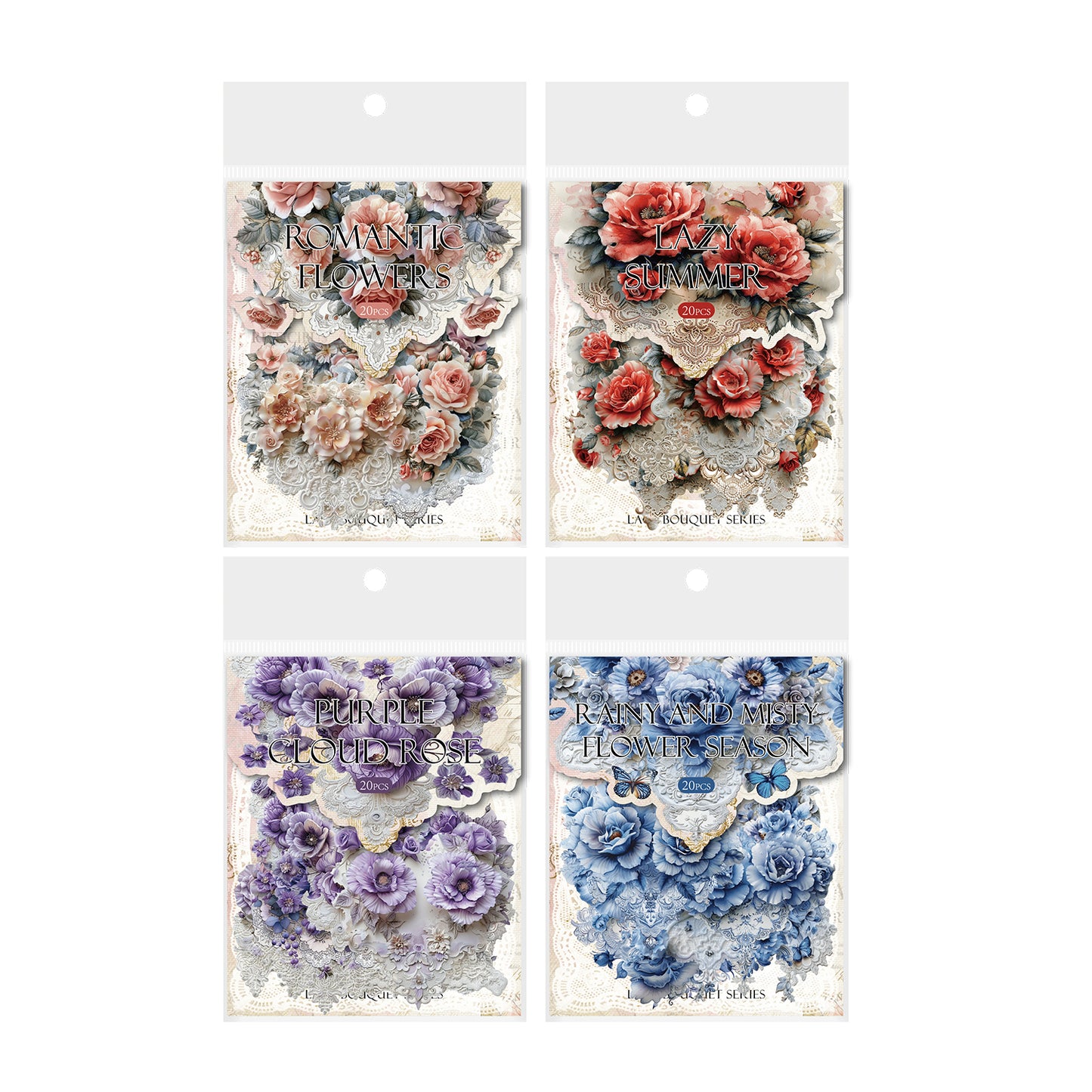 Lace Bouquet Series Scrapbook Stickers, Floral Junk Journal Stickers, DIY Collage PET Flowers Stickers