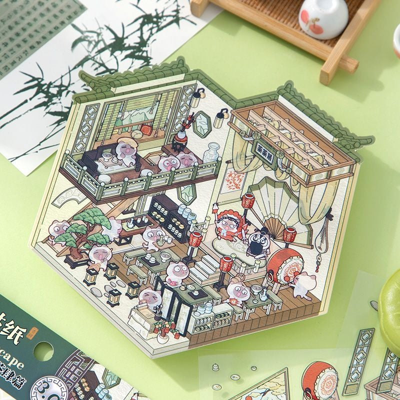 3D Miniature Scene Pre-cut Journal Stickers, DIY Scene-Setting Stickers, 3D Layered Chinese Style House Journal Stickers