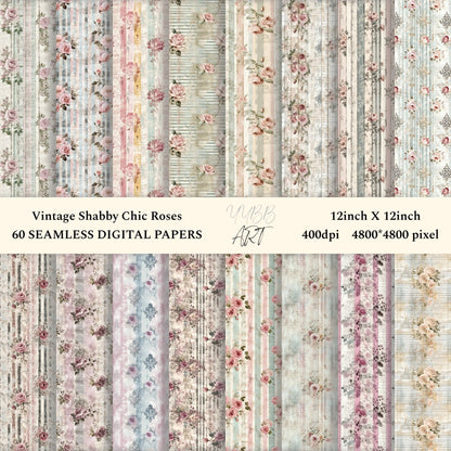 60 sheets,Vintage Shabby Chic Roses Printable Paper, Vintage Digital Paper - INSTANT DOWNLOAD - YYBB ART