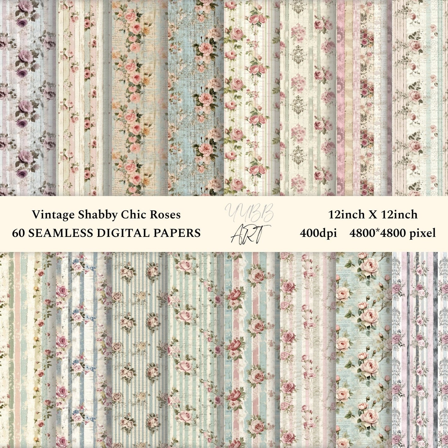 60 sheets,Vintage Shabby Chic Roses Printable Paper, Vintage Digital Paper - INSTANT DOWNLOAD - YYBB ART