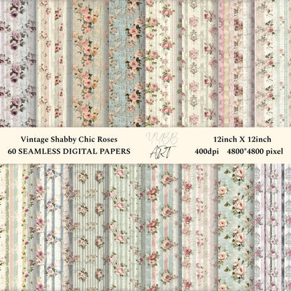 60 sheets,Vintage Shabby Chic Roses Printable Paper, Vintage Digital Paper - INSTANT DOWNLOAD - YYBB ART