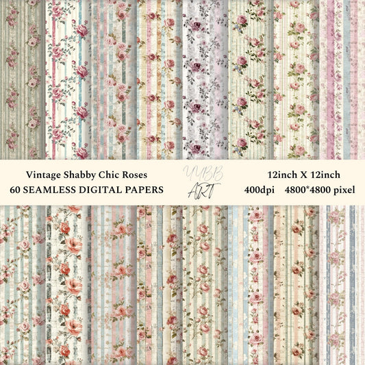 60 sheets,Vintage Shabby Chic Roses Printable Paper, Vintage Digital Paper - INSTANT DOWNLOAD - YYBB ART