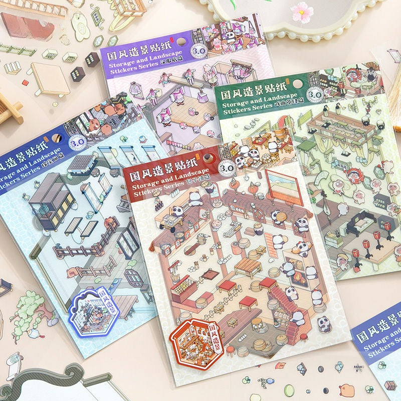 3D Miniature Scene Pre-cut Journal Stickers, DIY Scene-Setting Stickers, 3D Layered Chinese Style House Journal Stickers