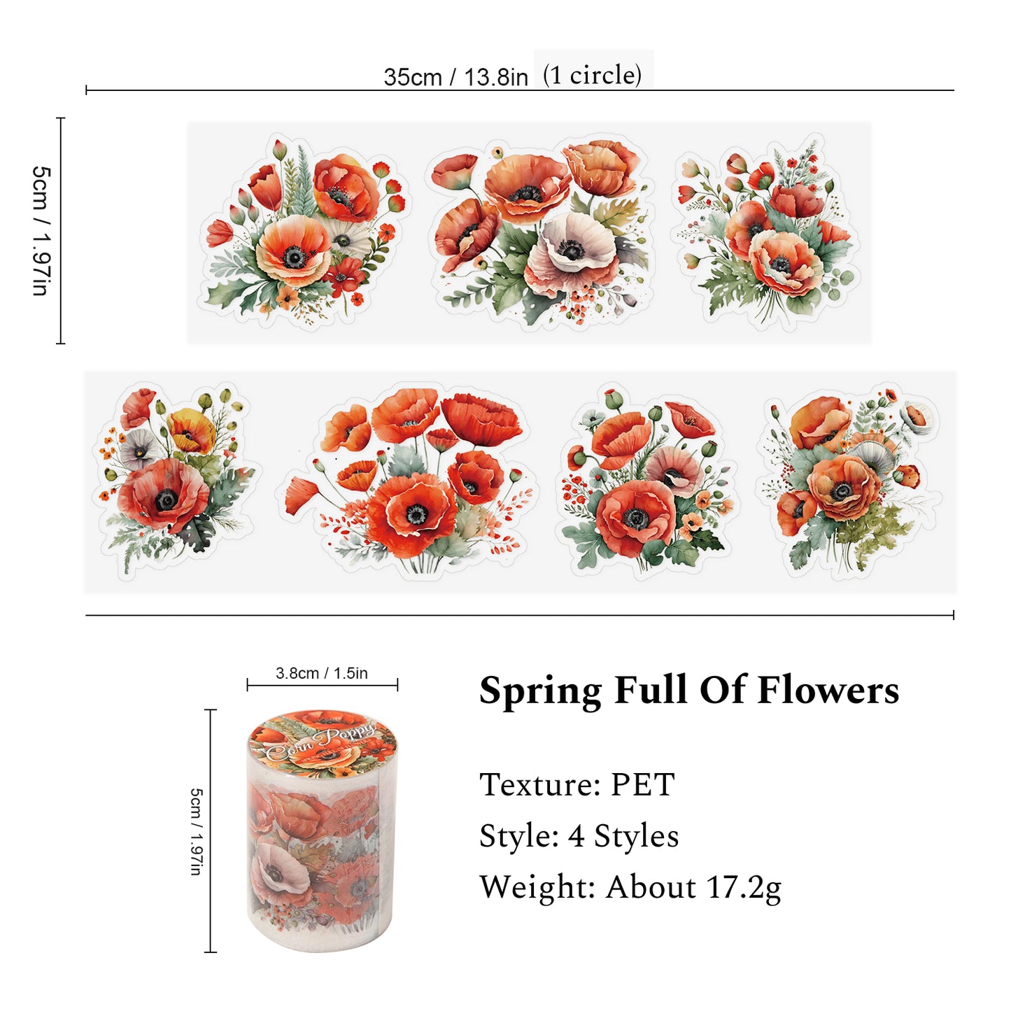 Spring Full Of Flowers Series Decor Tape, Scrapbooking Tape, Collage Art Tape, PET Junk Journal Tape