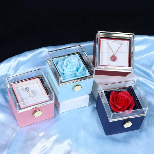 Rotating Rose Jewelry Gift Box - 2 - in - 1 Valentine's Day Eternal Rose Display Case for Ring, Necklace & Precious Jewelry Storage - YYBB ART