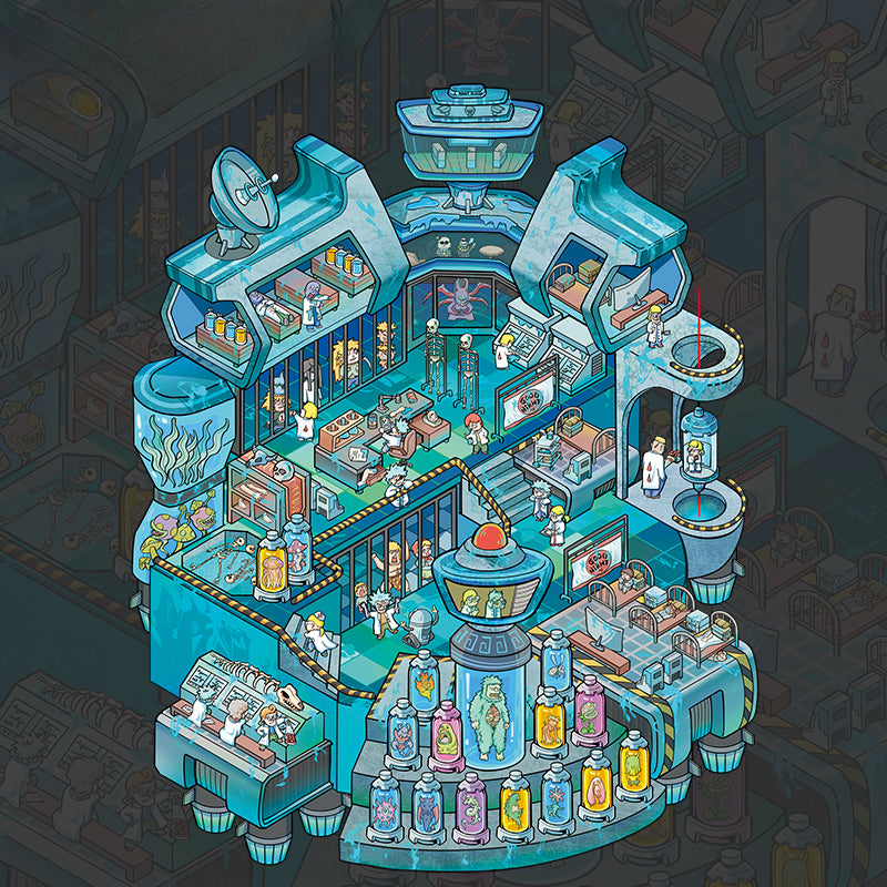 Isometric illustration of a futuristic cityscape with various buildings and people.