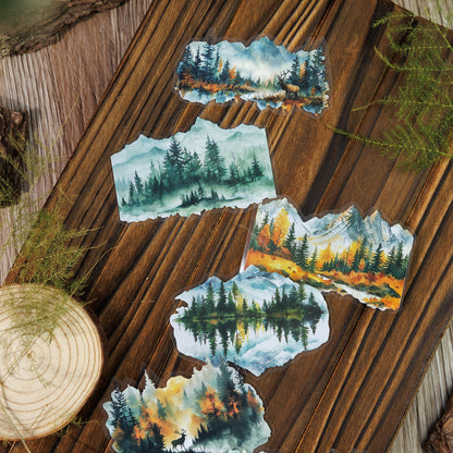 Mountains And Rivers in Fog Series Junk Journal Stickers, Scrapbook PET Sticker, Collage Plants Decor Stickers