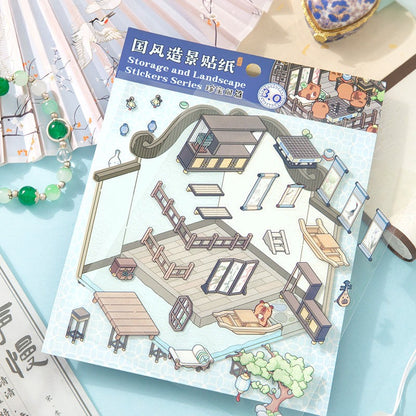 3D Miniature Scene Pre-cut Journal Stickers, DIY Scene-Setting Stickers, 3D Layered Chinese Style House Journal Stickers