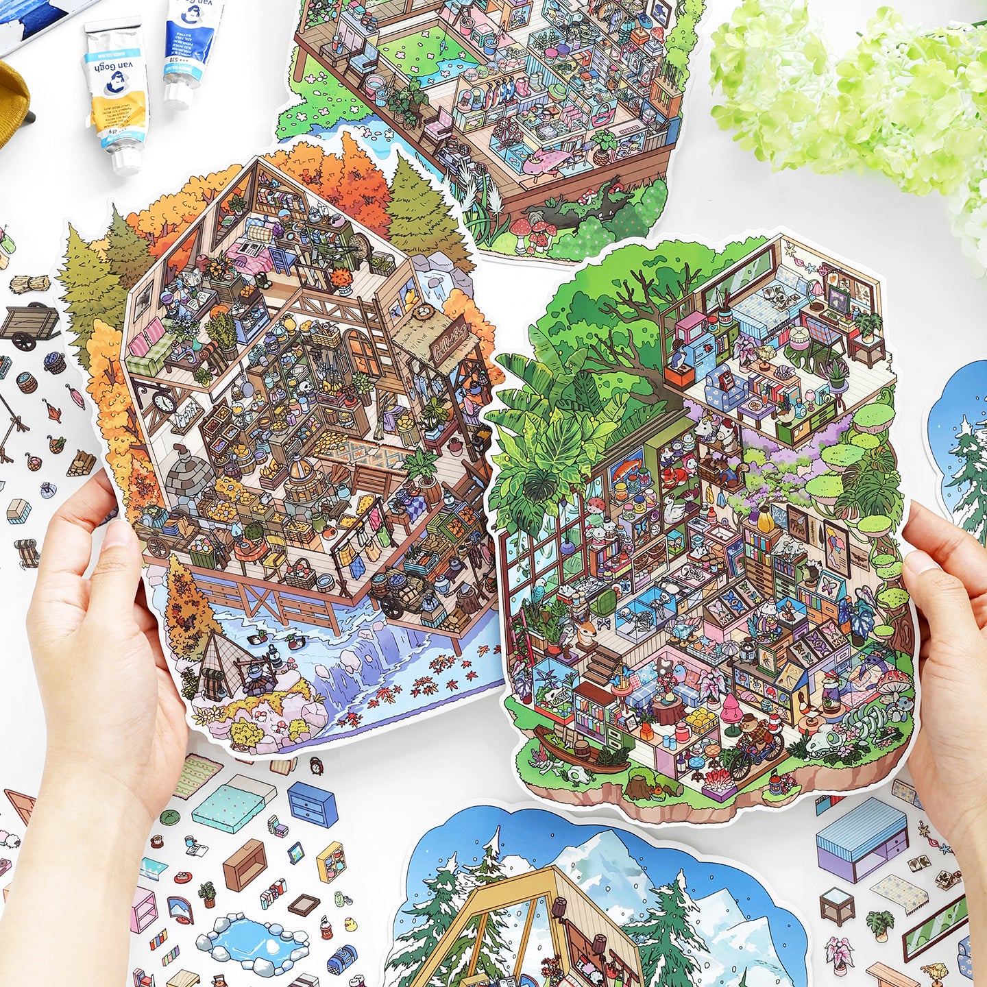Tamanho Grande | Cena Mais 15.0 Série, Cena de Adesivos, Adesivos de Cena em Miniatura 3D, Adesivos de Alívio do Estresse DIY, Adesivos de Cenário, Adesivos DIY
