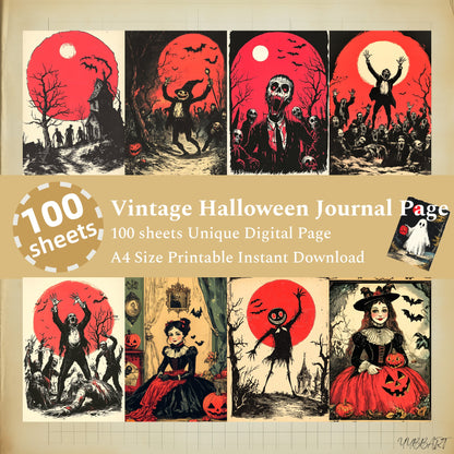 100 sheets, Digital Vitnage Halloween Journal Page, Digital Spooky Scrapbook Paper - INSTANT DOWNLOAD