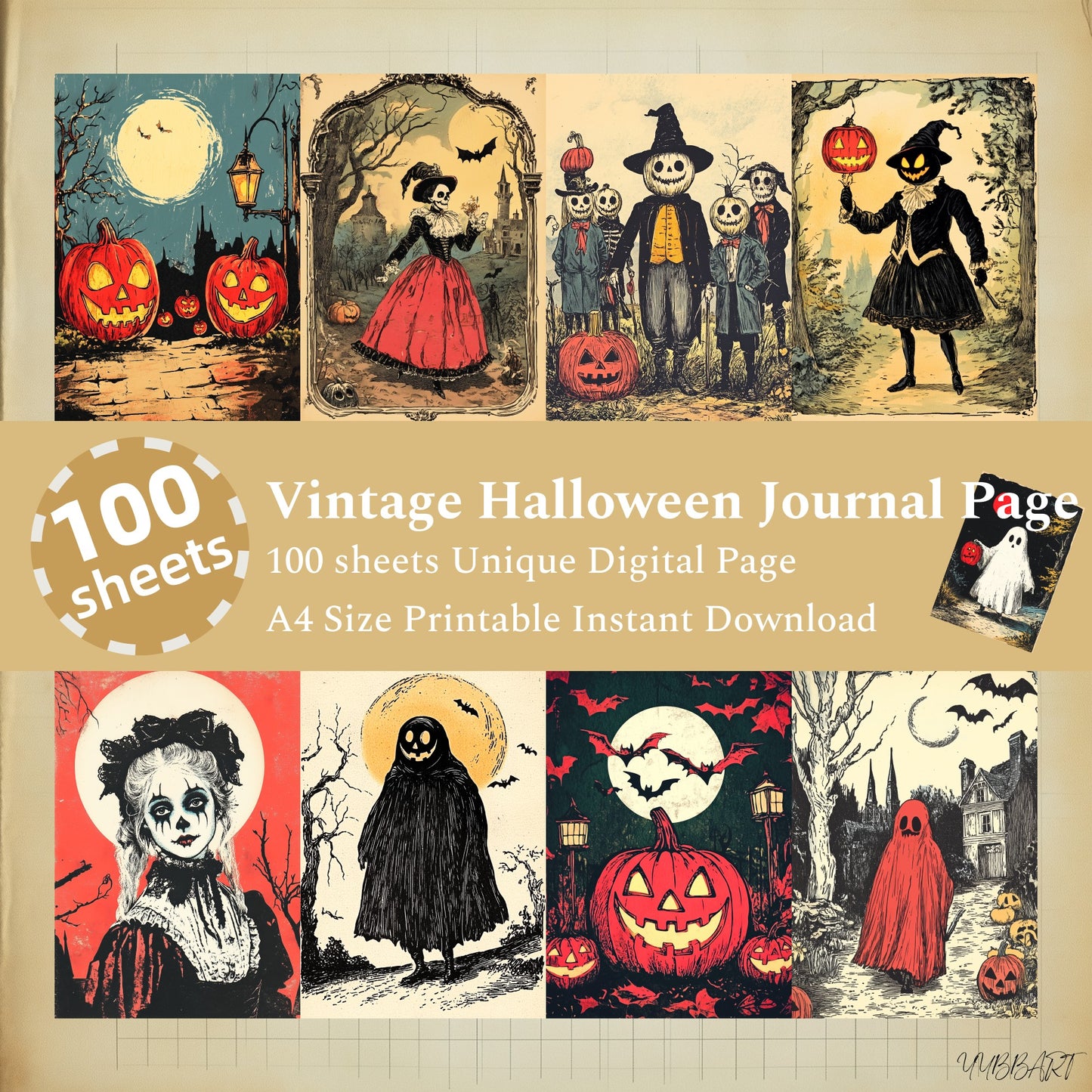 100 sheets, Digital Vitnage Halloween Journal Page, Digital Spooky Scrapbook Paper - INSTANT DOWNLOAD