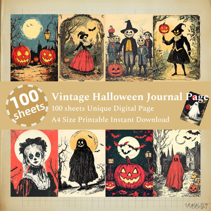 100 sheets, Digital Vitnage Halloween Journal Page, Digital Spooky Scrapbook Paper - INSTANT DOWNLOAD