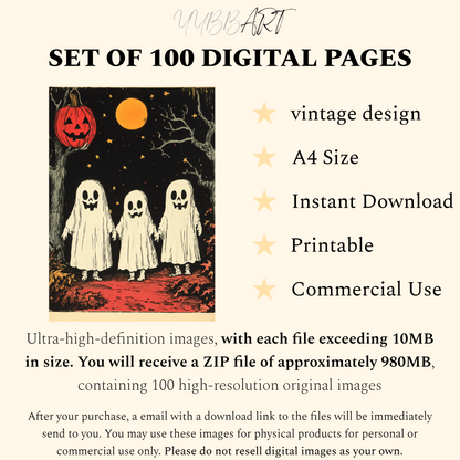 100 sheets, Digital Vitnage Halloween Journal Page, Digital Spooky Scrapbook Paper - INSTANT DOWNLOAD