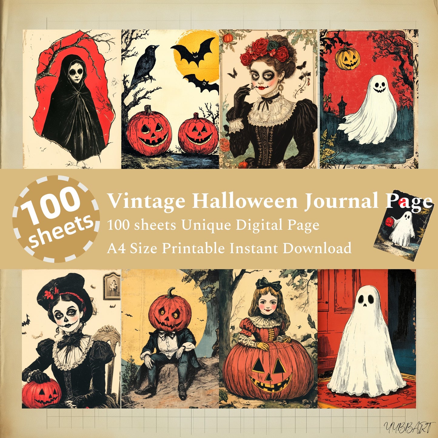 100 sheets, Digital Vitnage Halloween Journal Page, Digital Spooky Scrapbook Paper - INSTANT DOWNLOAD