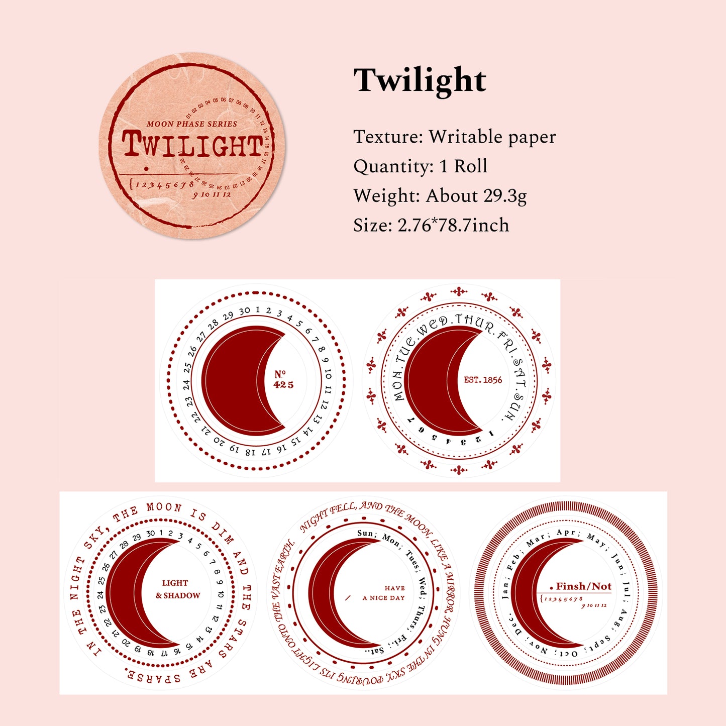 Moon Phase Series Writable Paper Tape, Collage Tape, Scrapbooking Tape, Junk Journal Stickers Tape