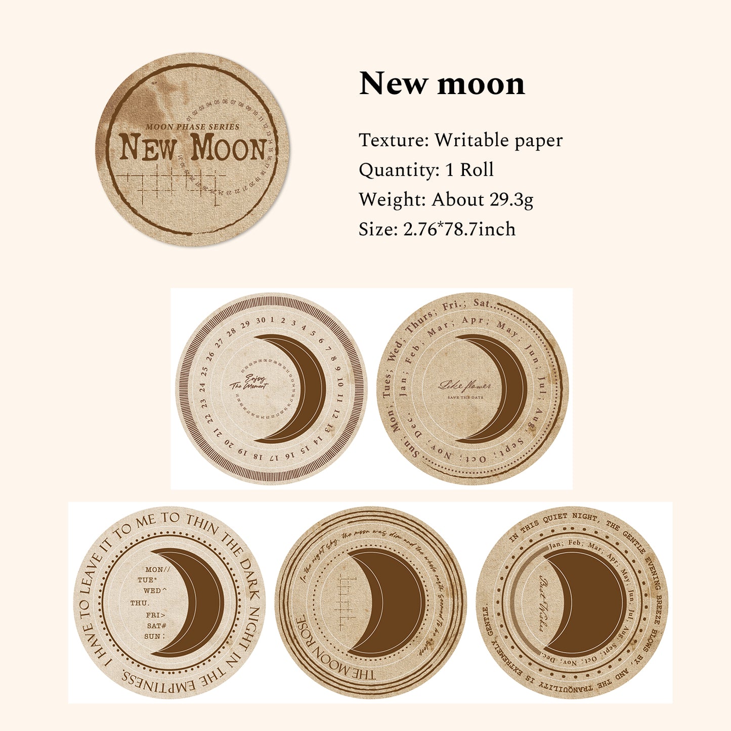 Moon Phase Series Writable Paper Tape, Collage Tape, Scrapbooking Tape, Junk Journal Stickers Tape