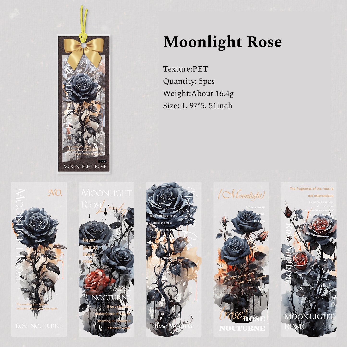 Rose Nocturne Series Vintage Bookmark, Scrapbooking PET Label, Junk Journal Collage Material, Craft Supply