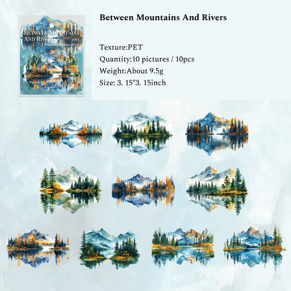 Mountains And Rivers in Fog Series Junk Journal Stickers, Scrapbook PET Sticker, Collage Plants Decor Stickers