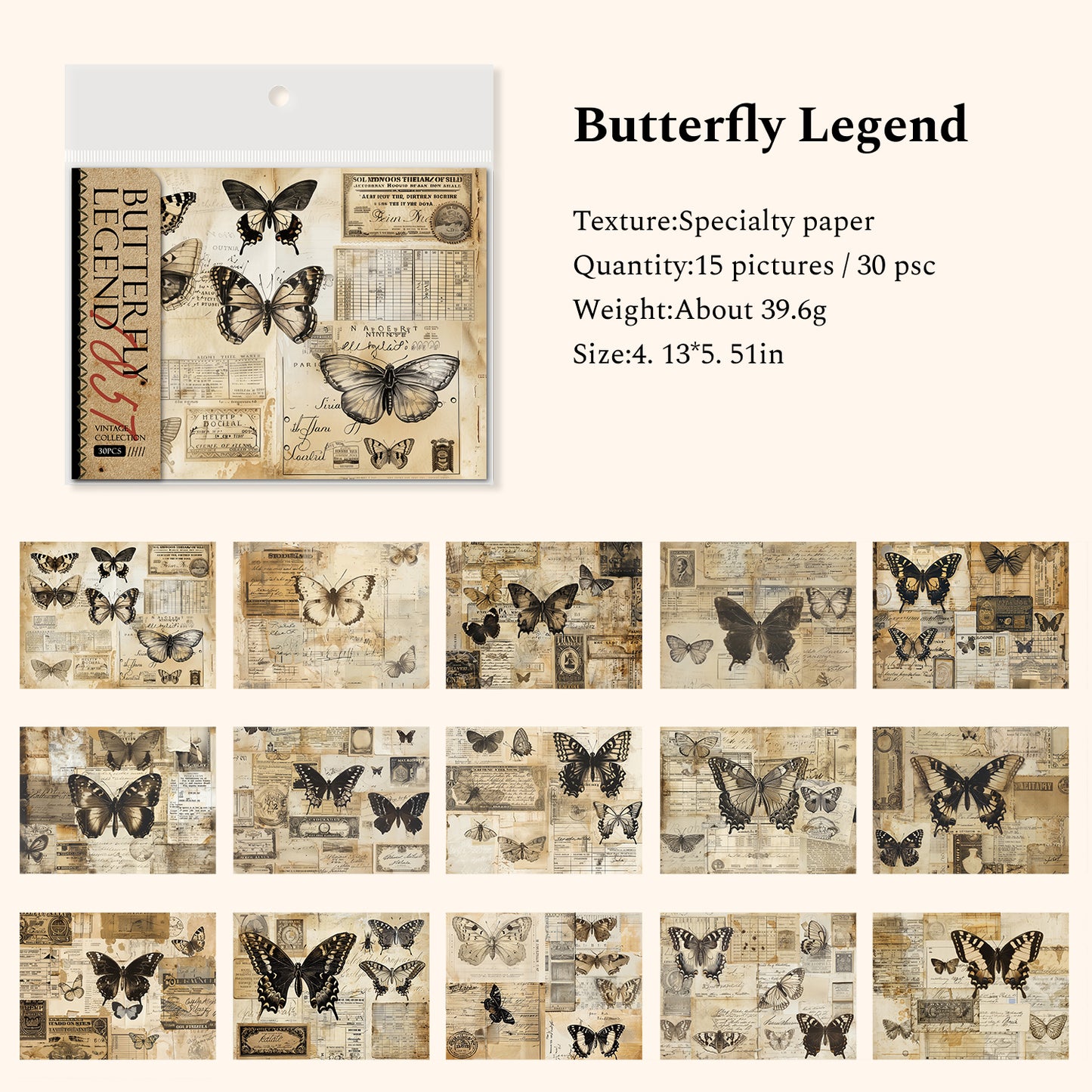 Vintage Collection 1857 Series Junk Journal Paper, Butterfly Scrapbook Paper, DIY Collage Paper