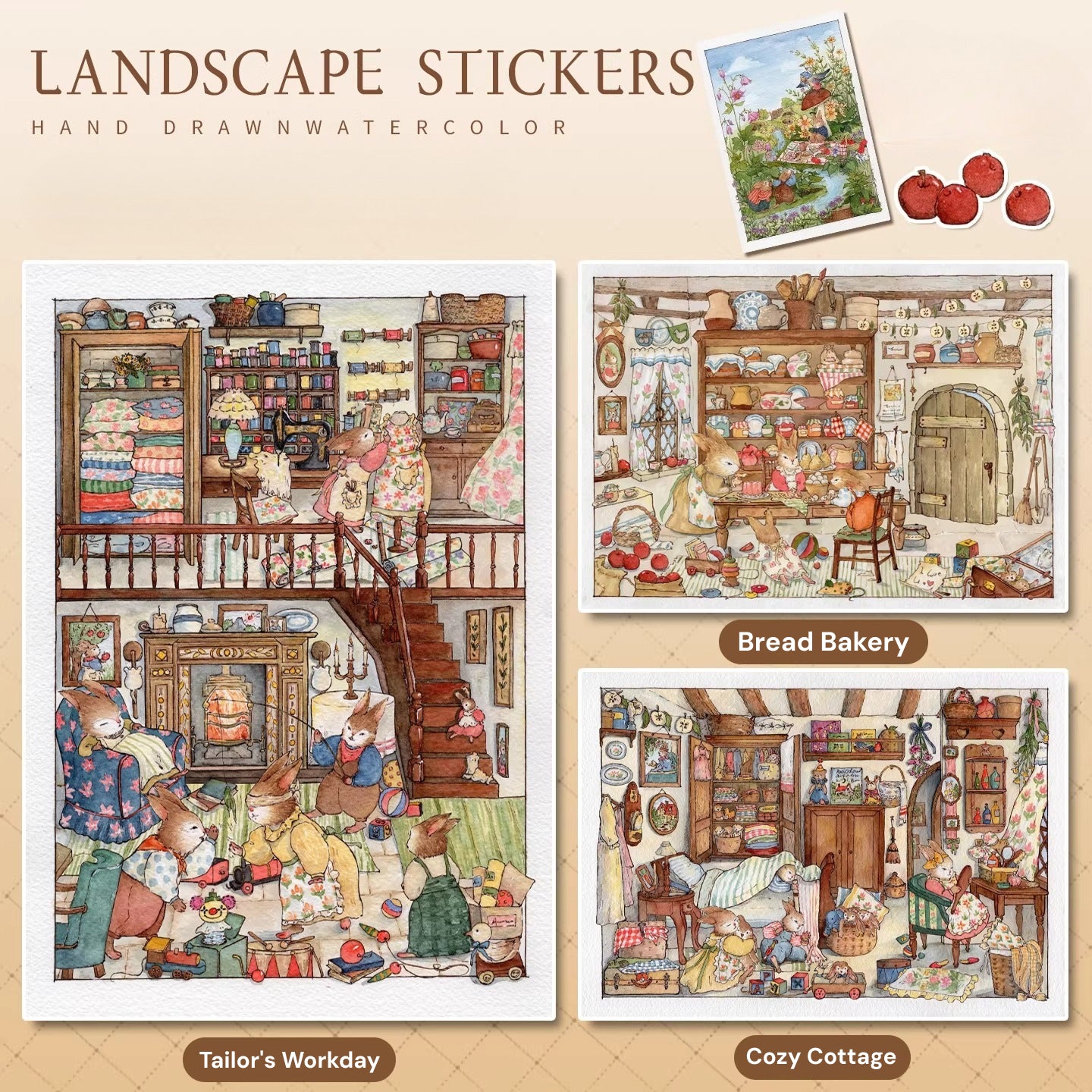 RĘCZNY RYSUNEK AKWARELĄ | Ogród Sceny 16.0 Seria | Naklejki Scen, 3D Miniatury Scen, Naklejki Antystresowe DIY, Naklejki Ustawiające Scenę, Naklejki DIY