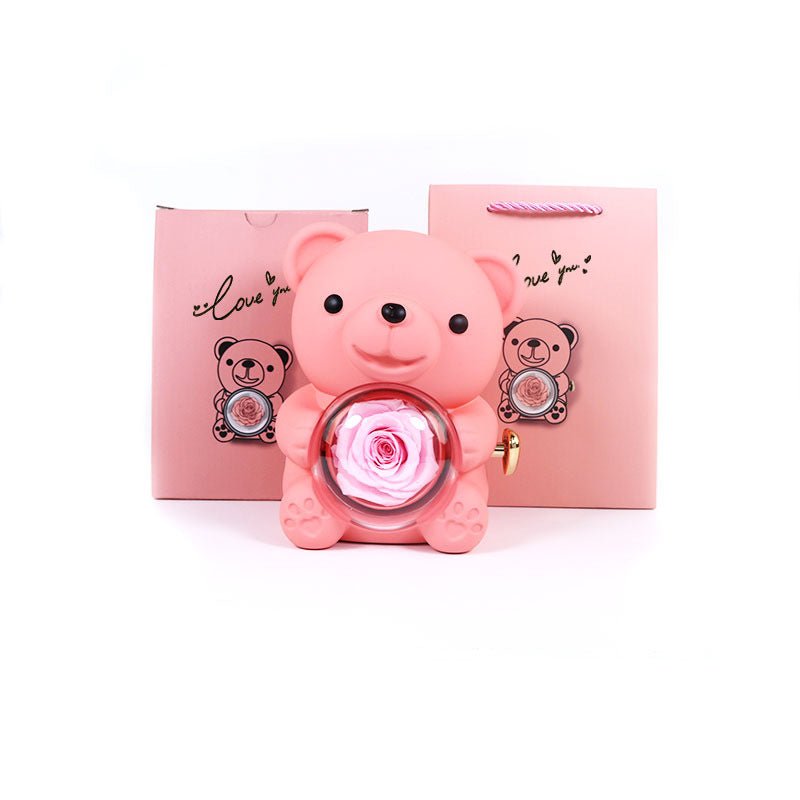 Romantic Bear with Rotating Eternal Rose Gift Box - Jewelry Display Case for Ring & Necklace | Perfect Valentine's Day Gift - YYBB ART