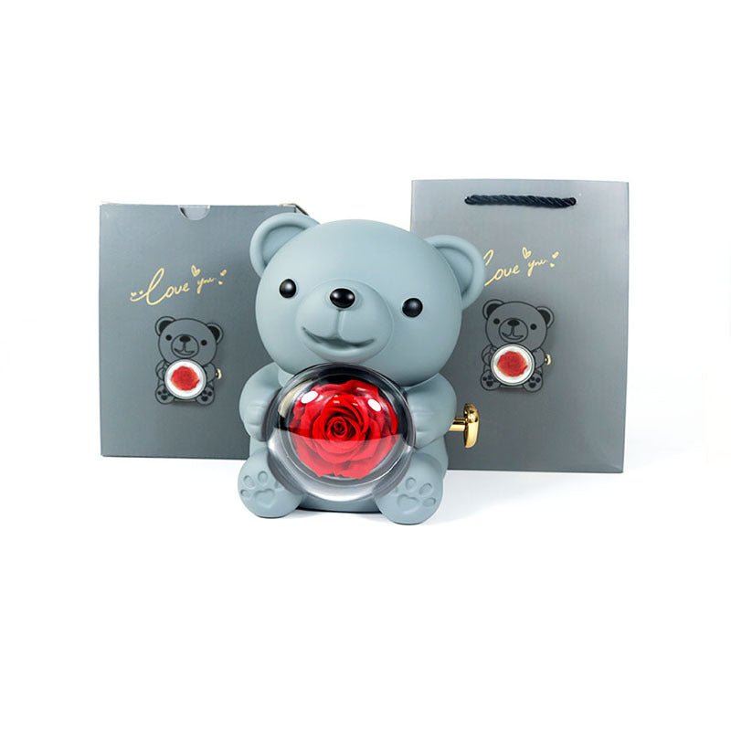 Romantic Bear with Rotating Eternal Rose Gift Box - Jewelry Display Case for Ring & Necklace | Perfect Valentine's Day Gift - YYBB ART