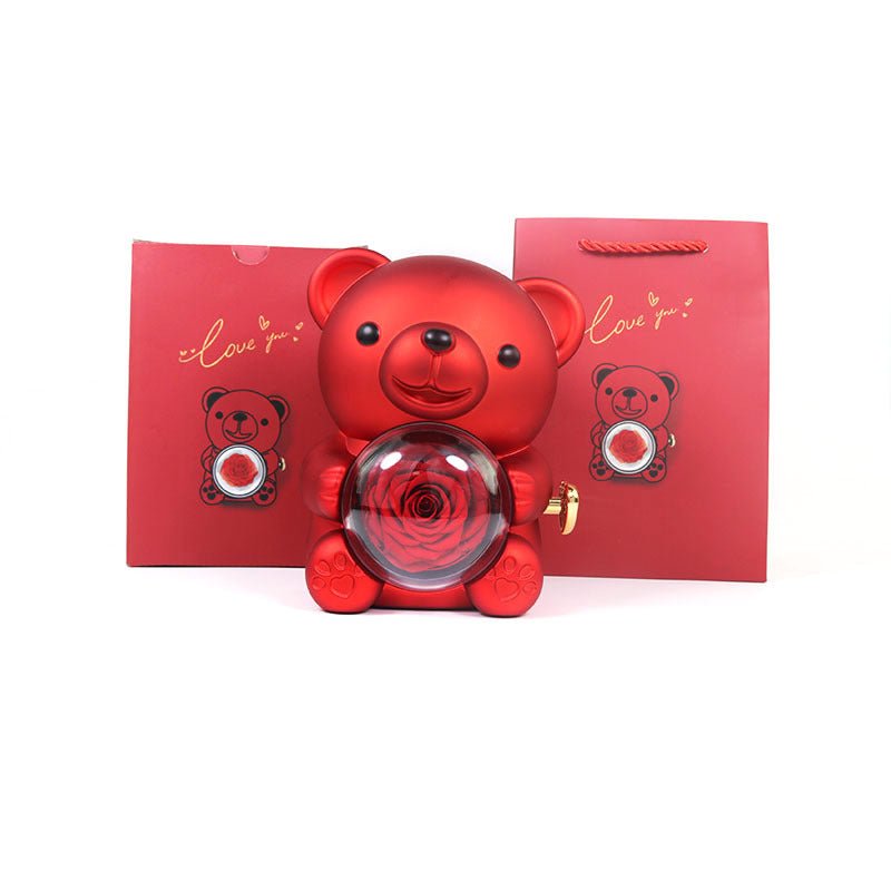 Romantic Bear with Rotating Eternal Rose Gift Box - Jewelry Display Case for Ring & Necklace | Perfect Valentine's Day Gift - YYBB ART