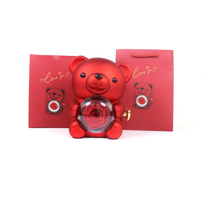 Romantic Bear with Rotating Eternal Rose Gift Box - Jewelry Display Case for Ring & Necklace | Perfect Valentine's Day Gift - YYBB ART