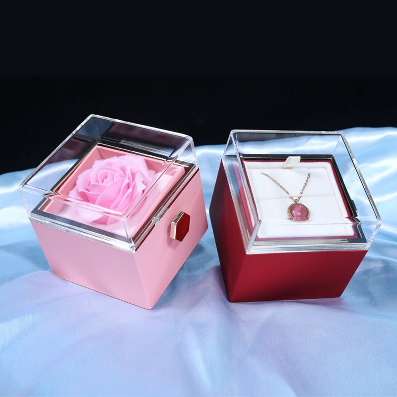 Rotating Rose Jewelry Gift Box - 2 - in - 1 Valentine's Day Eternal Rose Display Case for Ring, Necklace & Precious Jewelry Storage - YYBB ART