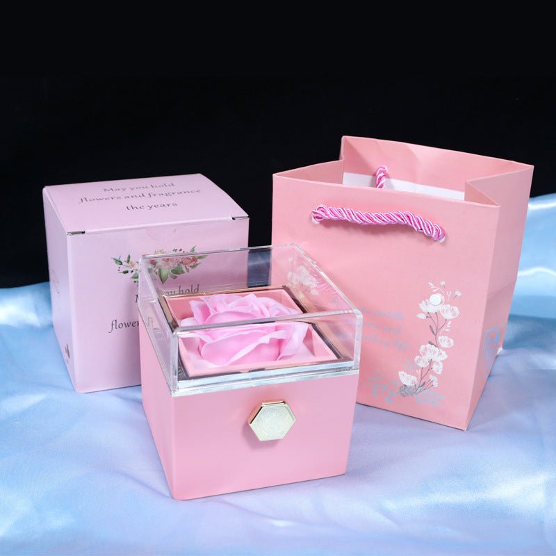 Rotating Rose Jewelry Gift Box - 2 - in - 1 Valentine's Day Eternal Rose Display Case for Ring, Necklace & Precious Jewelry Storage - YYBB ART