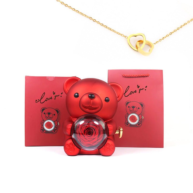 Romantic Bear with Rotating Eternal Rose Gift Box - Jewelry Display Case for Ring & Necklace | Perfect Valentine's Day Gift - YYBB ART