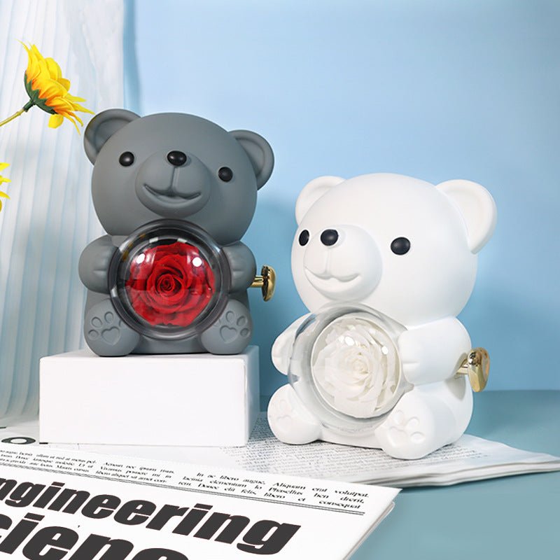 Romantic Bear with Rotating Eternal Rose Gift Box - Jewelry Display Case for Ring & Necklace | Perfect Valentine's Day Gift - YYBB ART