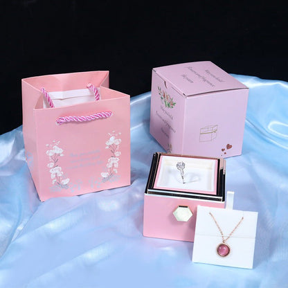 Rotating Rose Jewelry Gift Box - 2 - in - 1 Valentine's Day Eternal Rose Display Case for Ring, Necklace & Precious Jewelry Storage - YYBB ART