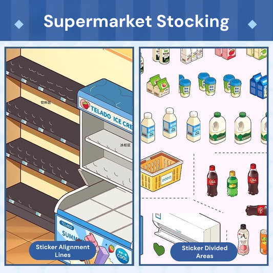 Motyw supermarketu | Kolekcja pejzaży 8.0 | Książka naklejek, Scena naklejek, Naklejki do scen miniature 3D, Naklejki antystresowe DIY, Naklejki do układania scen, Książka naklejek DIY