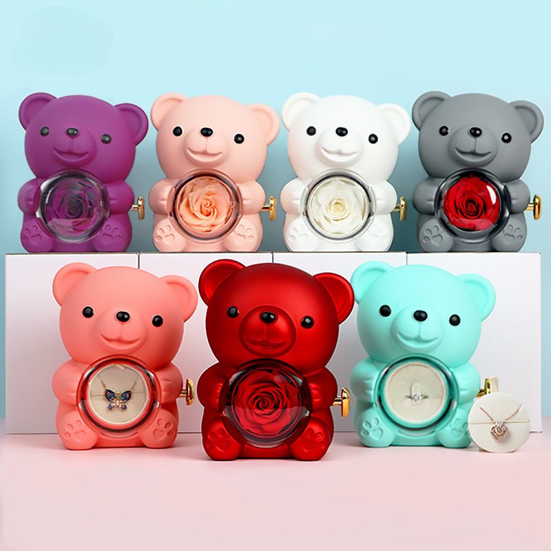 Romantic Bear with Rotating Eternal Rose Gift Box - Jewelry Display Case for Ring & Necklace | Perfect Valentine's Day Gift - YYBB ART