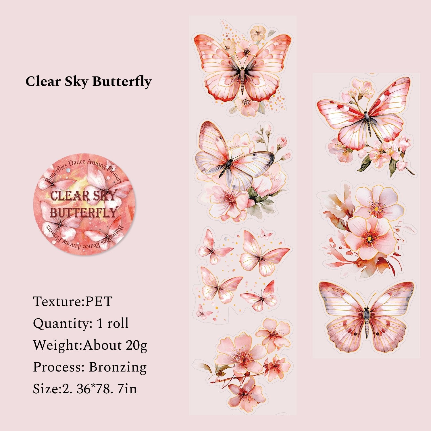 Butterflies Dance Among Flowers Series Journal Decor Tape, Vintage Scrapbook PET Stickers Tape, DIY Collage Tape - YYBB ART