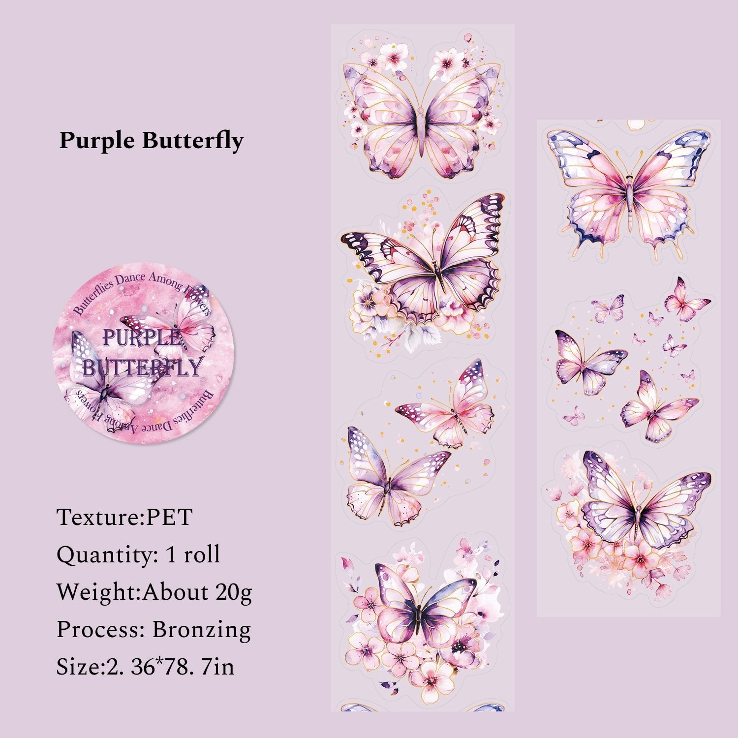 Butterflies Dance Among Flowers Series Journal Decor Tape, Vintage Scrapbook PET Stickers Tape, DIY Collage Tape - YYBB ART