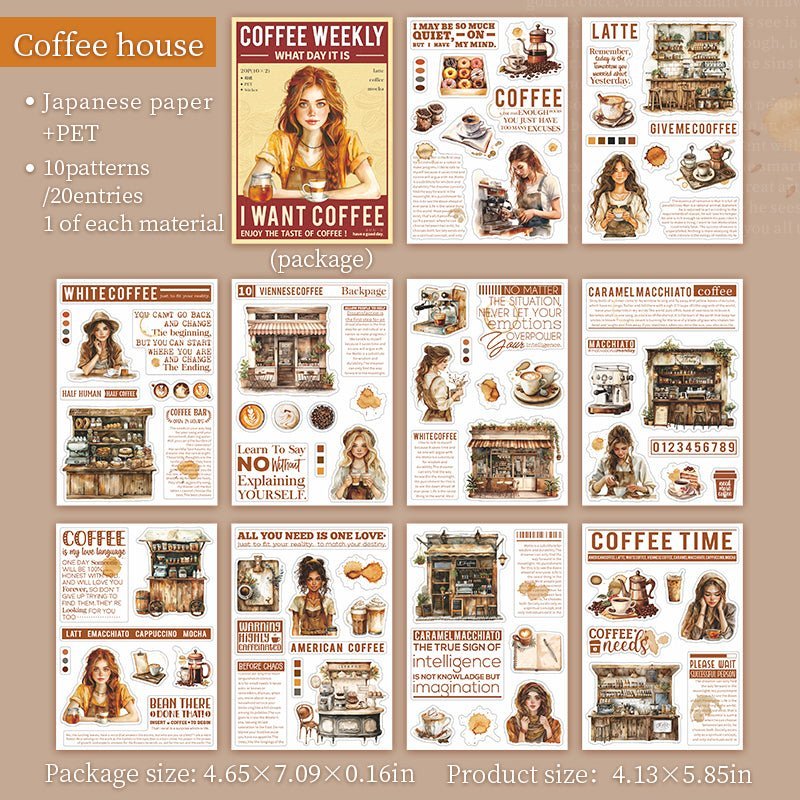 Coffee Weekly Series Scrapbook Stickers Book, Junk Journal Coffee Theme die - cut Sticker Book, DIY Collage Decor Stickers Book - YYBB ART