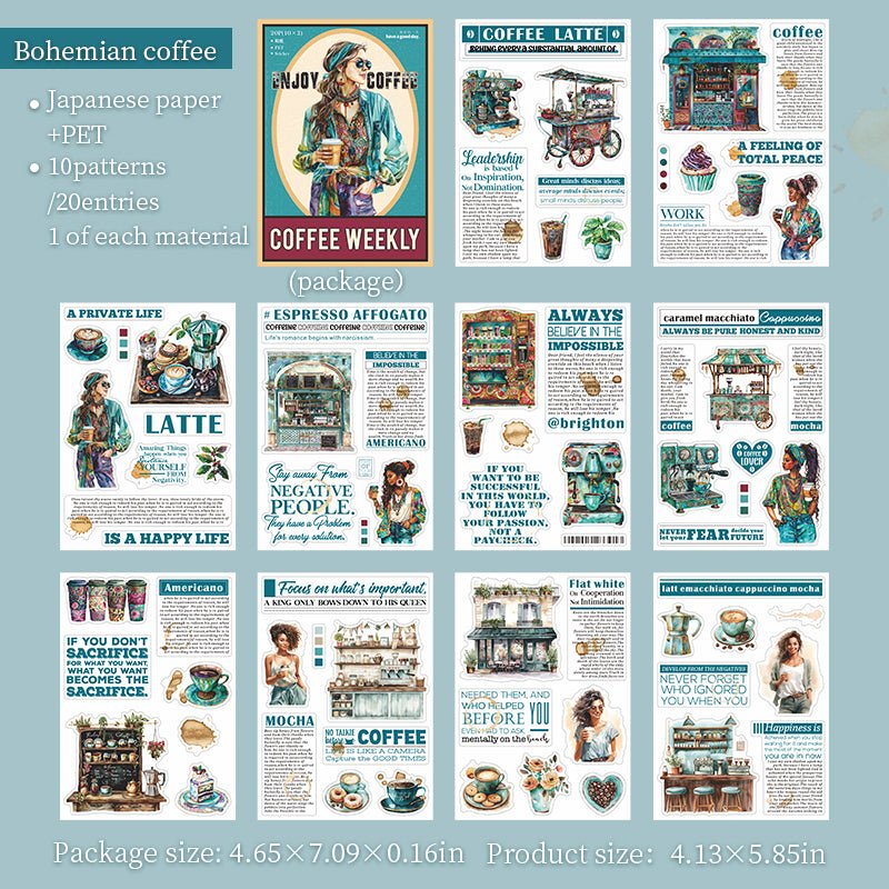 Coffee Weekly Series Scrapbook Stickers Book, Junk Journal Coffee Theme die - cut Sticker Book, DIY Collage Decor Stickers Book - YYBB ART