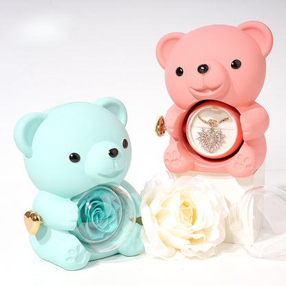 Romantic Bear with Rotating Eternal Rose Gift Box - Jewelry Display Case for Ring & Necklace | Perfect Valentine's Day Gift - YYBB ART